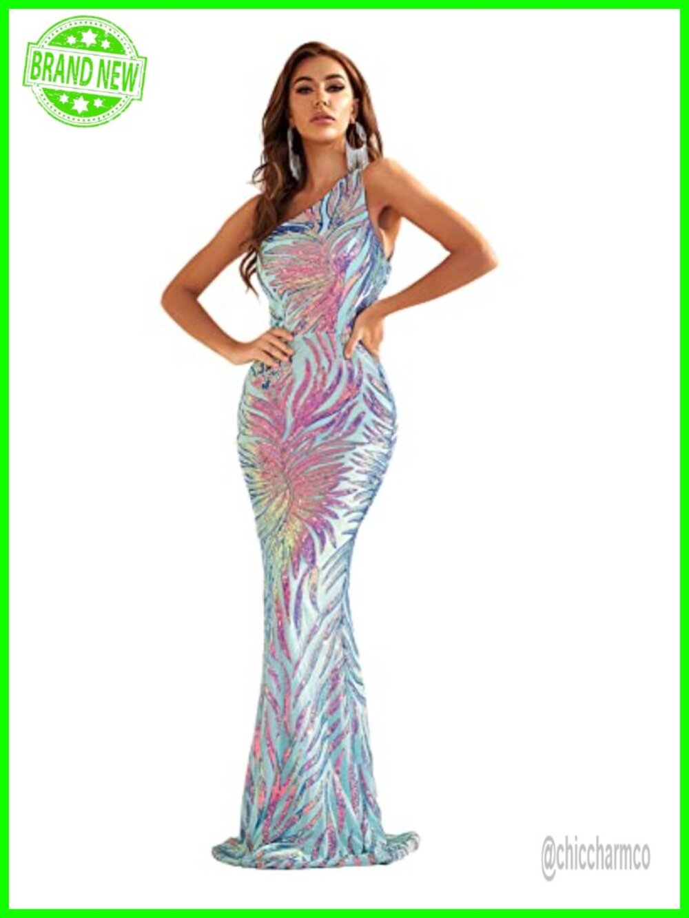 One Shoulder Sequin Formal Evening Gown Prom Maxi Dress